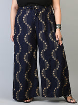Plus Size Navy Blue Floral Gold Printed Palazzos