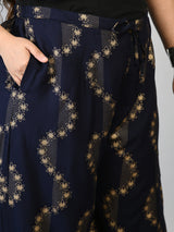 Plus Size Navy Blue Floral Gold Printed Palazzos