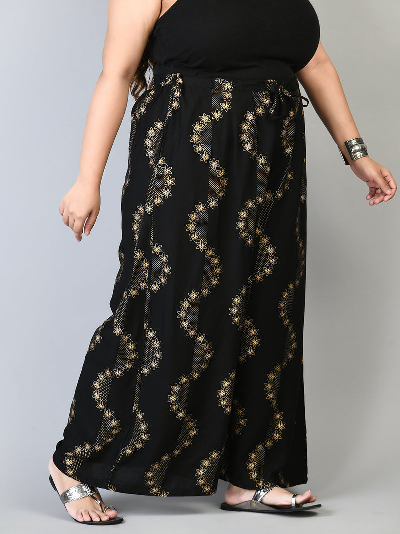 Plus Size Black Floral Gold Printed Palazzos