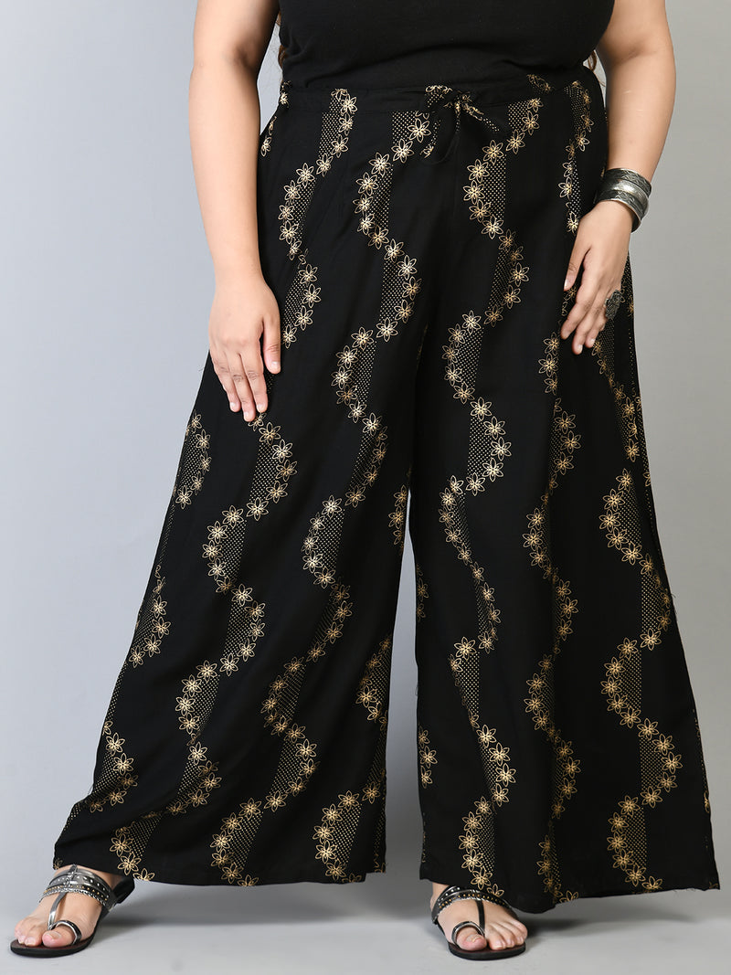 Plus Size Black Floral Gold Printed Palazzos
