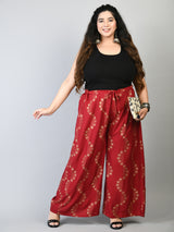 Plus Size Red Floral Gold Printed Palazzos