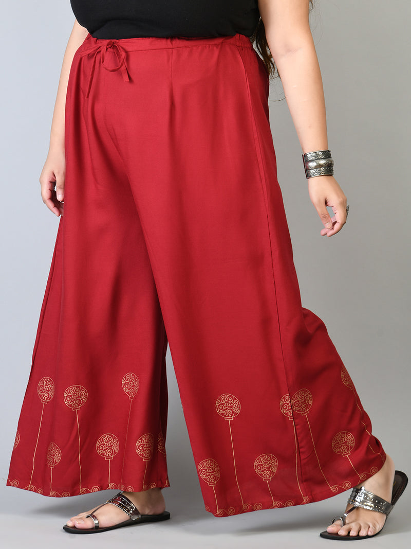 Plus Size Red Gold Printed Palazzos