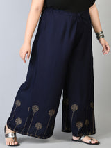 Plus Size Navy Gold Printed Palazzos