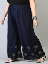 Plus Size Navy Gold Printed Palazzos