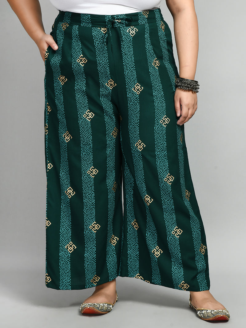 Plus Size Pigment Bottle Green Printed Palazzo