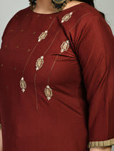Maroon Cotton Silk Embellished Kurta Set with Dupatta