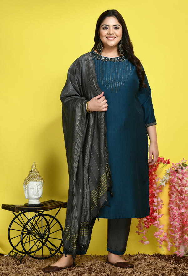 Floral Embellished Teal Kurta Set