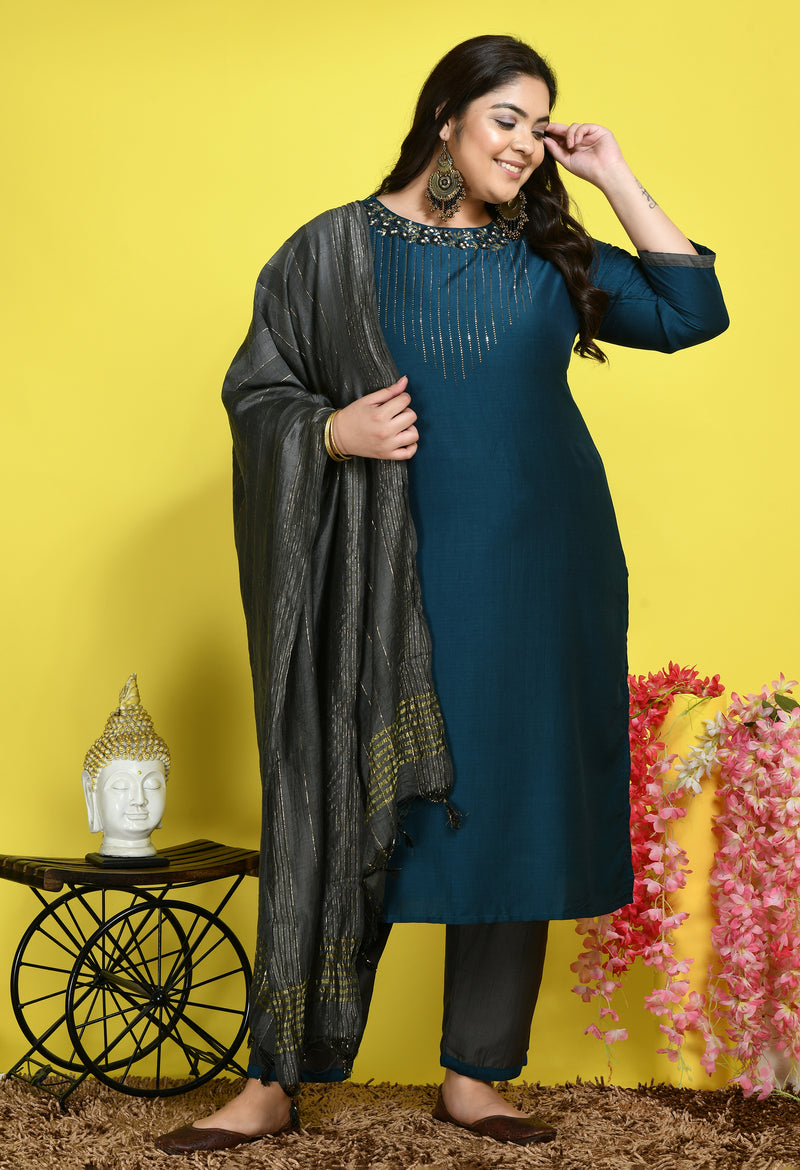 Floral Embellished Teal Kurta Set