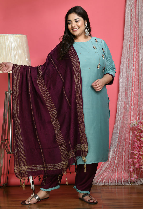 Sea Green Cotton Silk Embellished Kurta Set